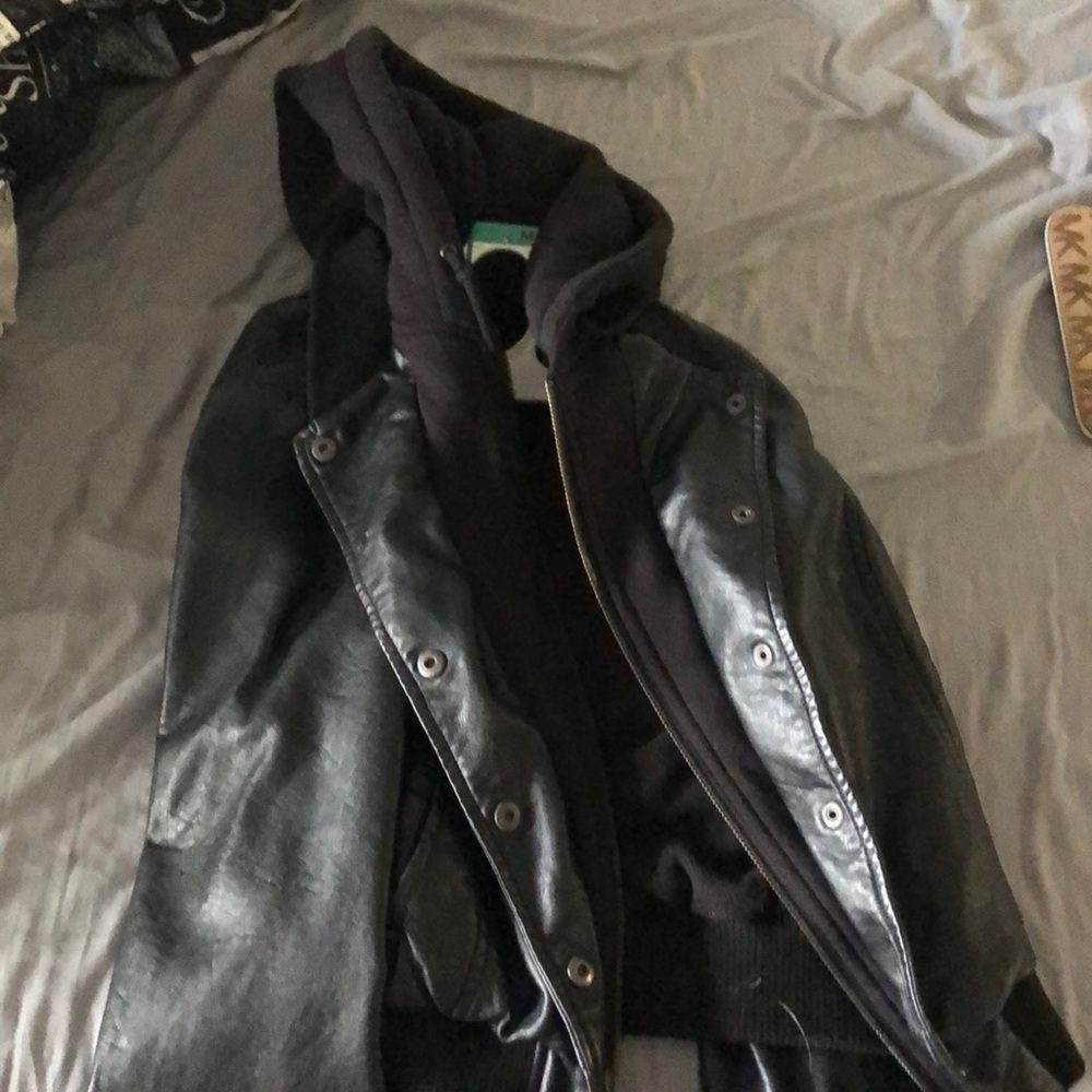 Leather jacket with hood.
